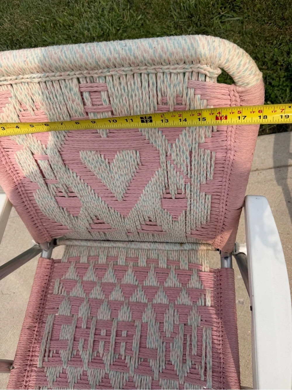 Vintage 1960s 70s Woven Aluminum Folding Lawn Chairs Pink Heart Pair  of Macrame
